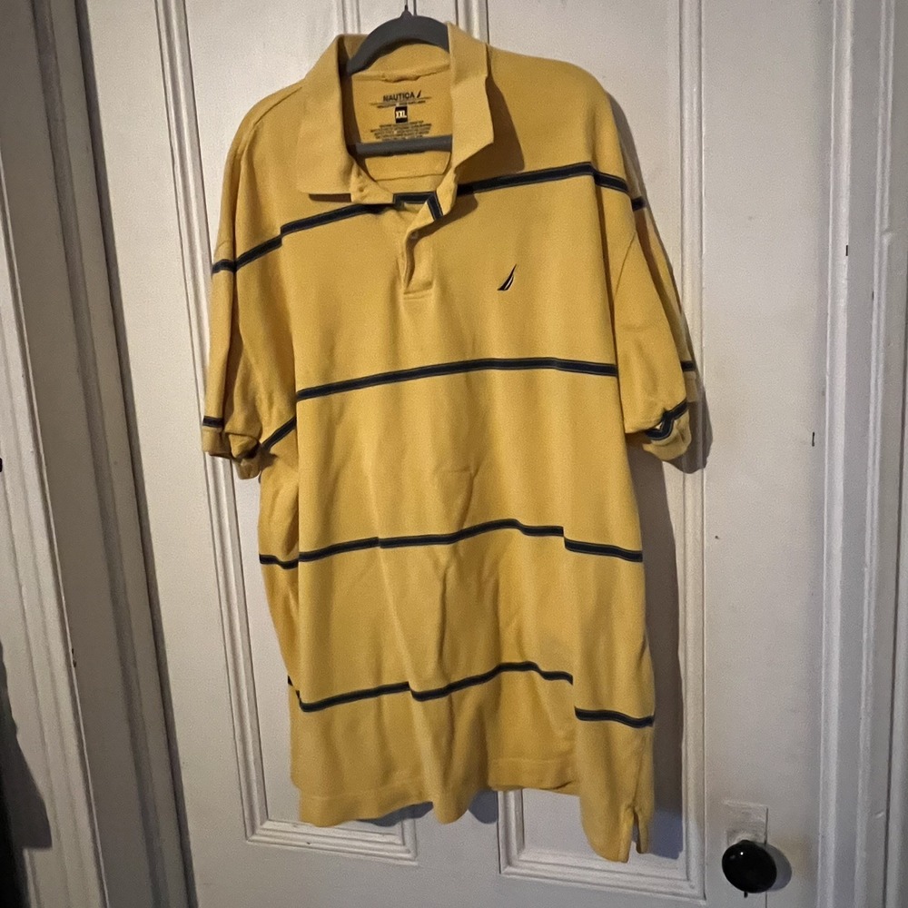 Nautica Mens Yellow Blue Striped Cotton Polo Shirt Size XXL Short Sleeve Logo